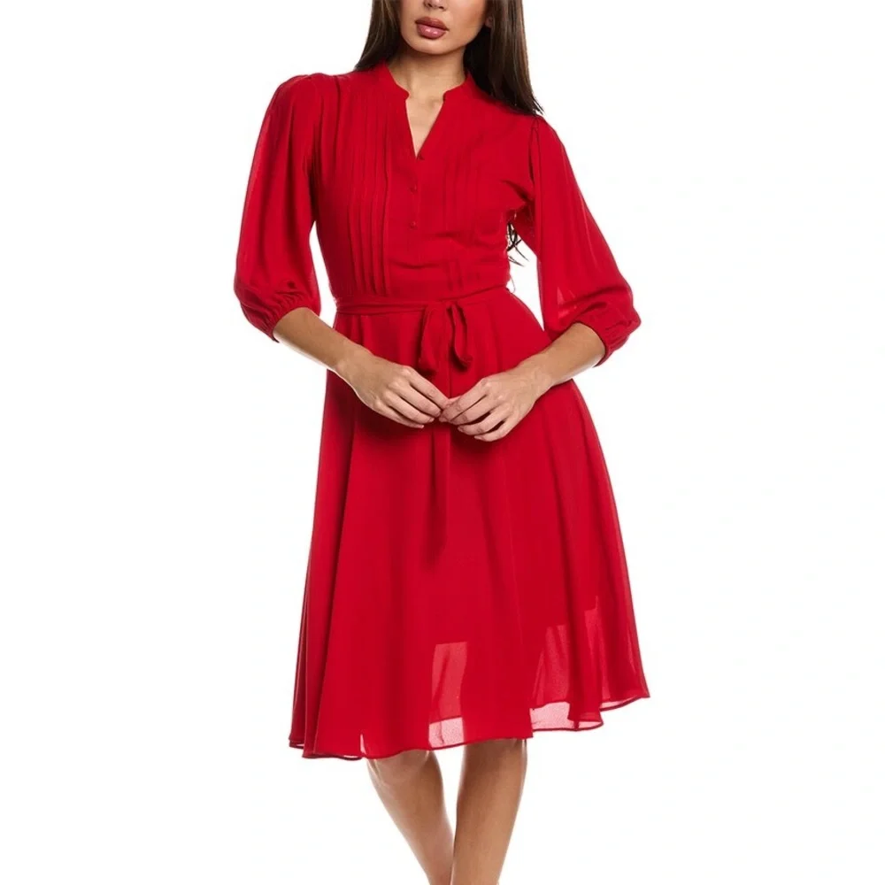 NWT Nanette Lepore Red Riding Hood Pleated Tie Waist A-Line Crepe Midi Dress - Picture 1 of 11